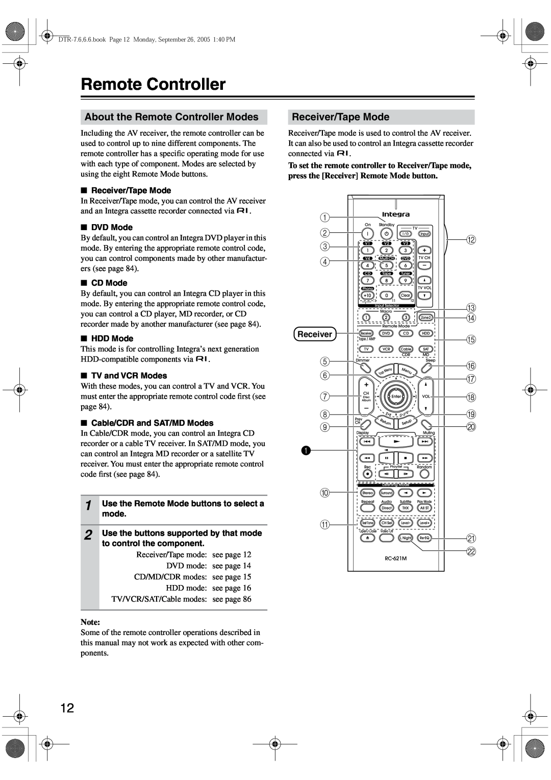 Integra DTR-7.6/6.6 instruction manual About the Remote Controller Modes, Receiver/Tape Mode 