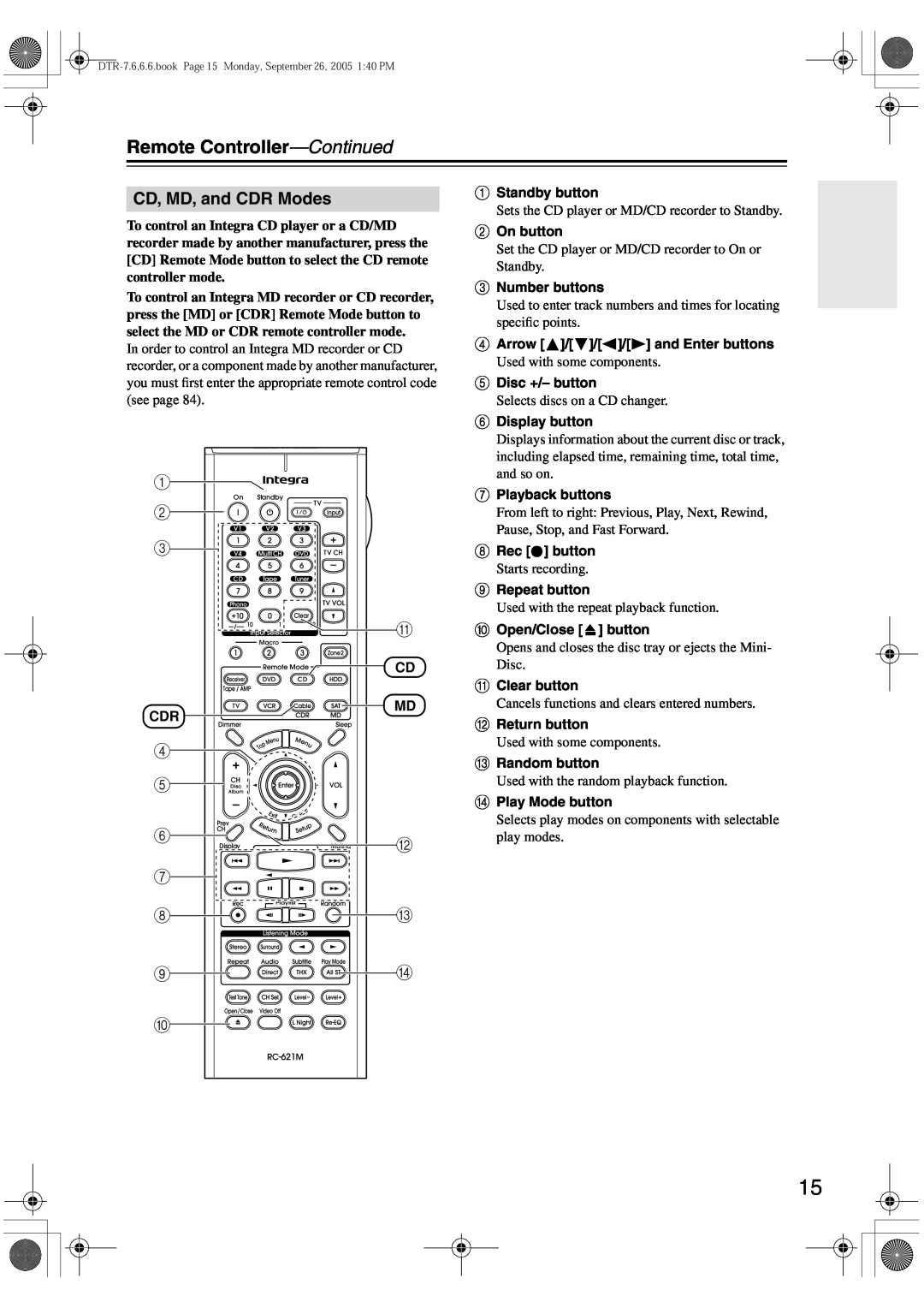 Integra DTR-7.6/6.6 instruction manual CD, MD, and CDR Modes, Remote Controller-Continued 