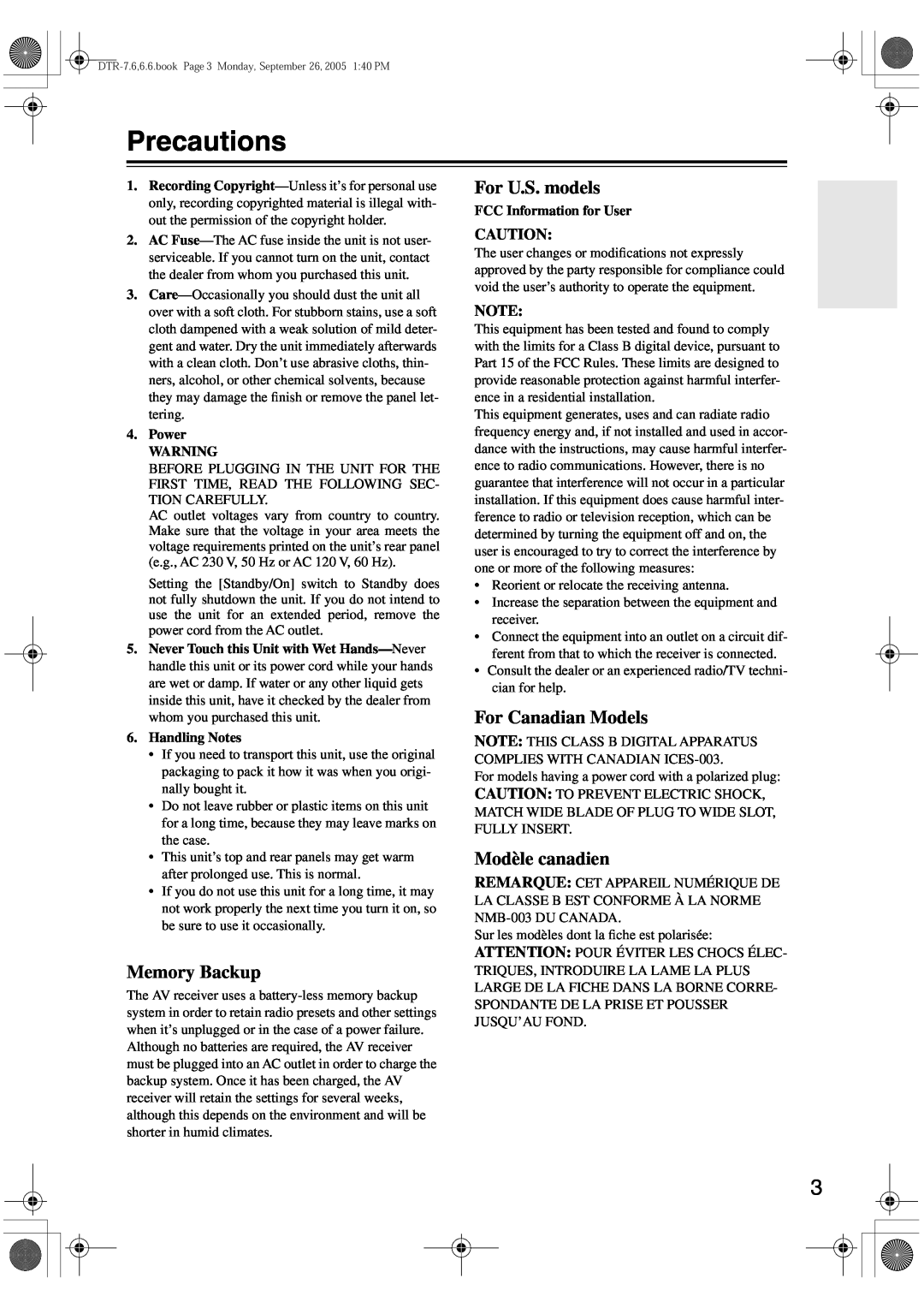 Integra DTR-7.6/6.6 Precautions, Power, Handling Notes, For U.S. models, Memory Backup, For Canadian Models 