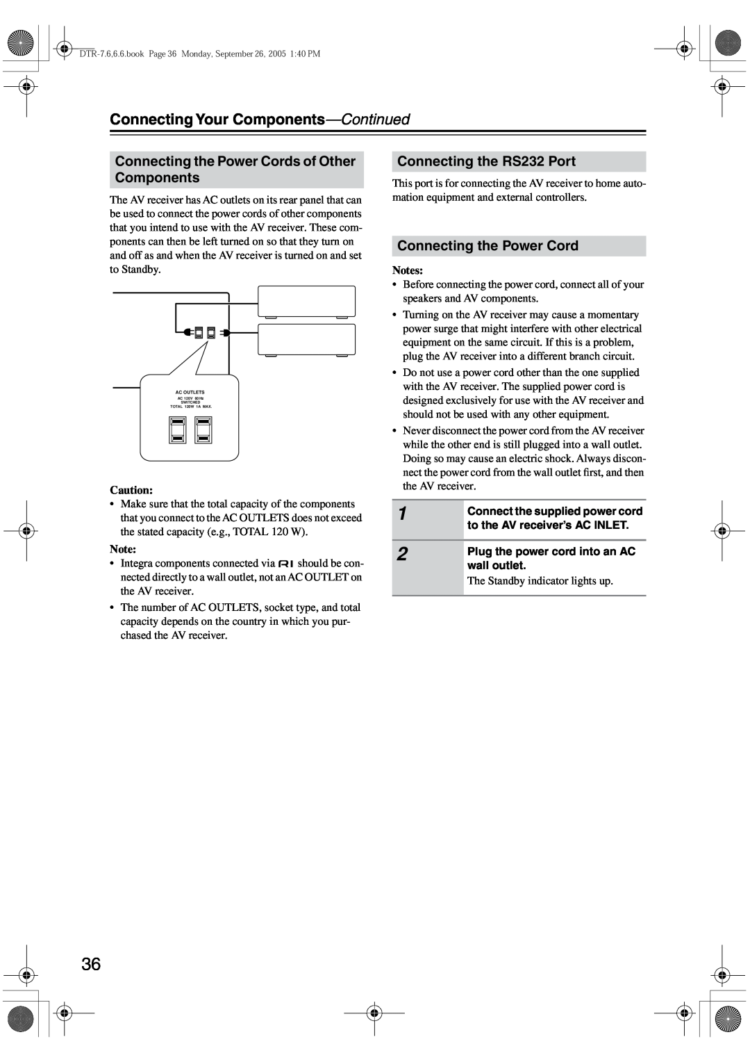 Integra DTR-7.6/6.6 instruction manual Connecting the Power Cords of Other Components, Connecting the RS232 Port, Notes 