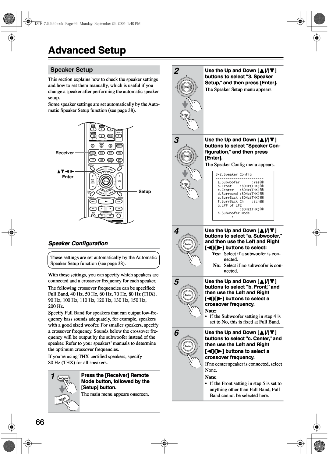 Integra DTR-7.6/6.6 instruction manual Advanced Setup, Speaker Setup, Speaker Conﬁguration 