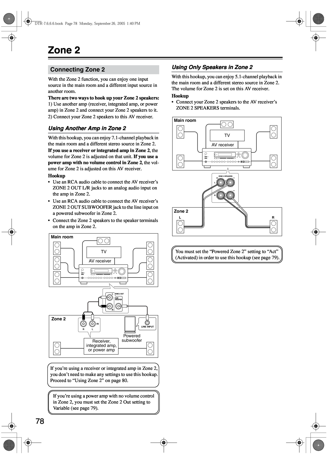Integra DTR-7.6/6.6 instruction manual Connecting Zone, Using Another Amp in Zone, Using Only Speakers in Zone, Hookup 