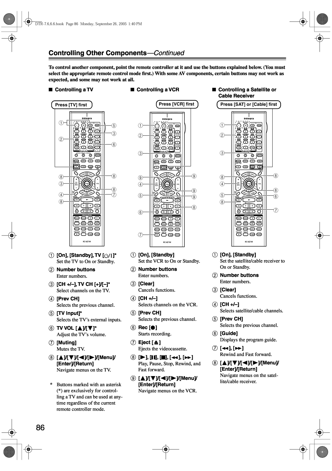 Integra DTR-7.6/6.6 instruction manual Controlling Other Components—Continued 