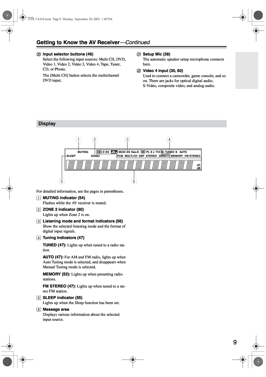 Integra DTR-7.6/6.6 instruction manual Getting to Know the AV Receiver—Continued, Display 