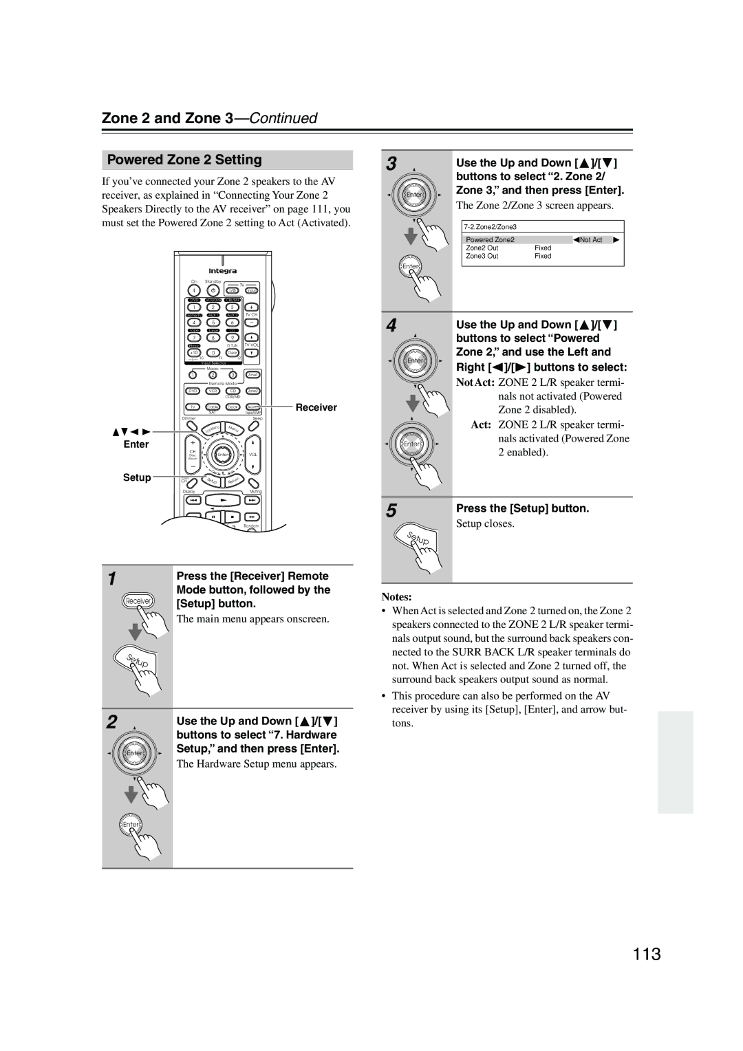 Integra DTR-7.8 instruction manual 113, Powered Zone 2 Setting, Buttons to select Powered, Zone 2, and use the Left 