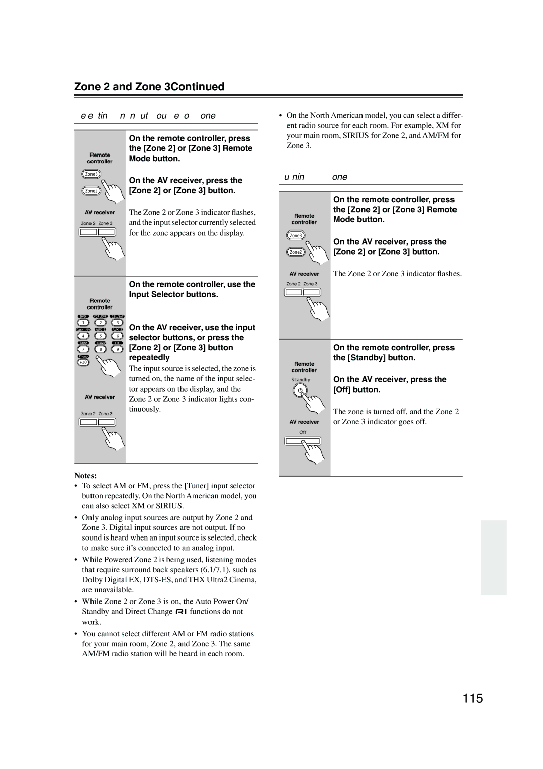 Integra DTR-7.8 instruction manual 115, Selecting an Input Source for Zones, Turning Off Zones 