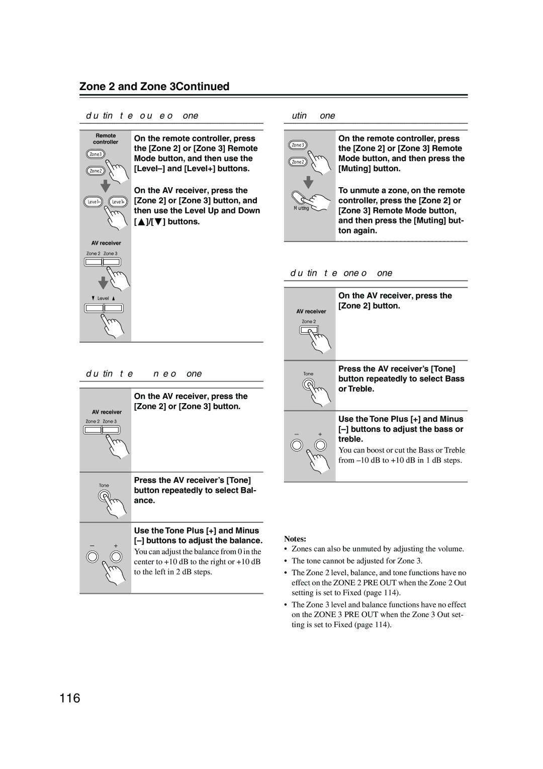 Integra DTR-7.8 instruction manual 116, Adjusting the Volume of Zones Muting Zones, Adjusting the Balance of Zones 