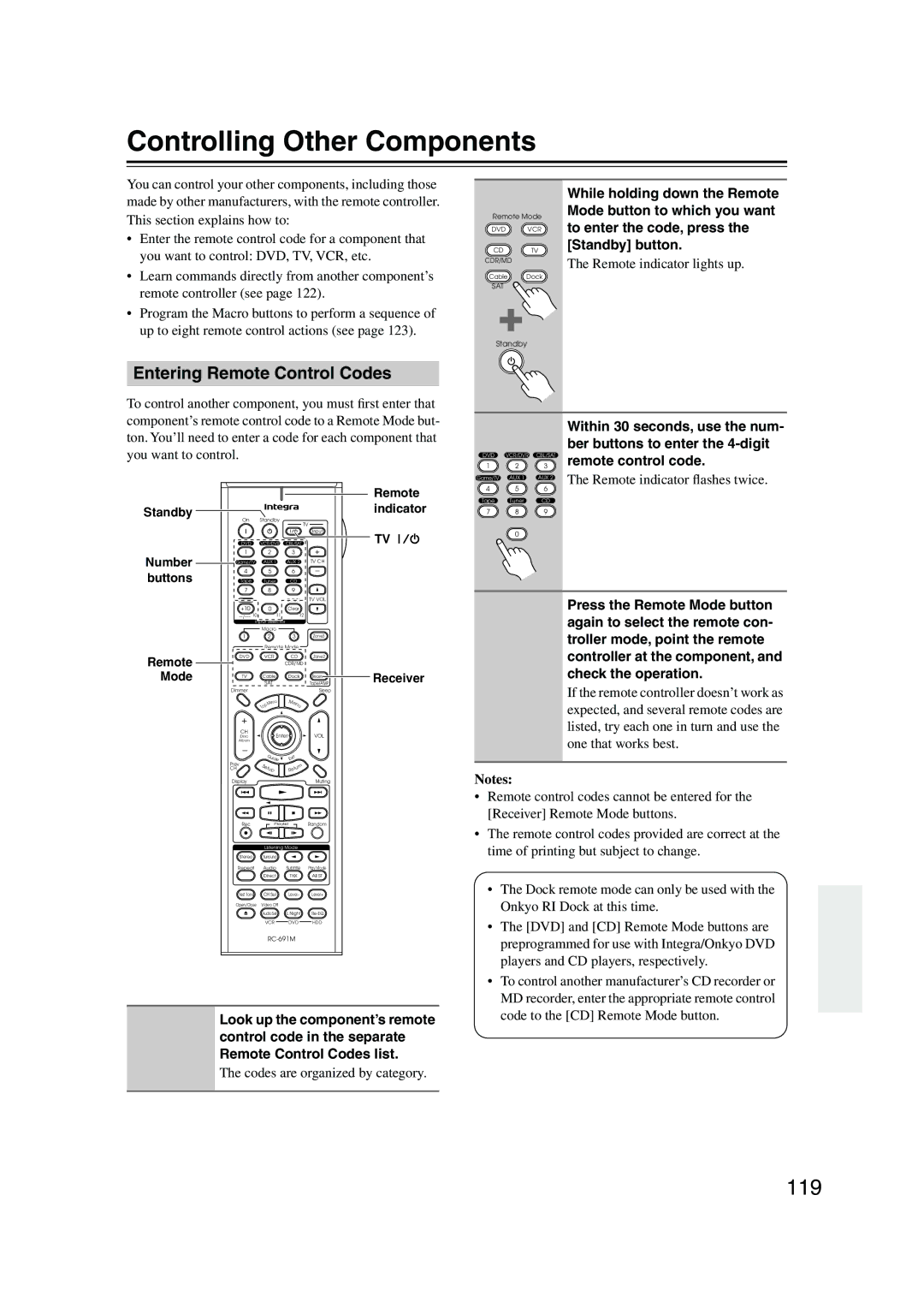 Integra DTR-7.8 instruction manual Controlling Other Components, 119, Entering Remote Control Codes 