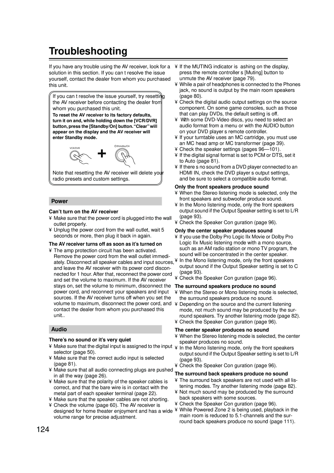 Integra DTR-7.8 instruction manual Troubleshooting, 124 