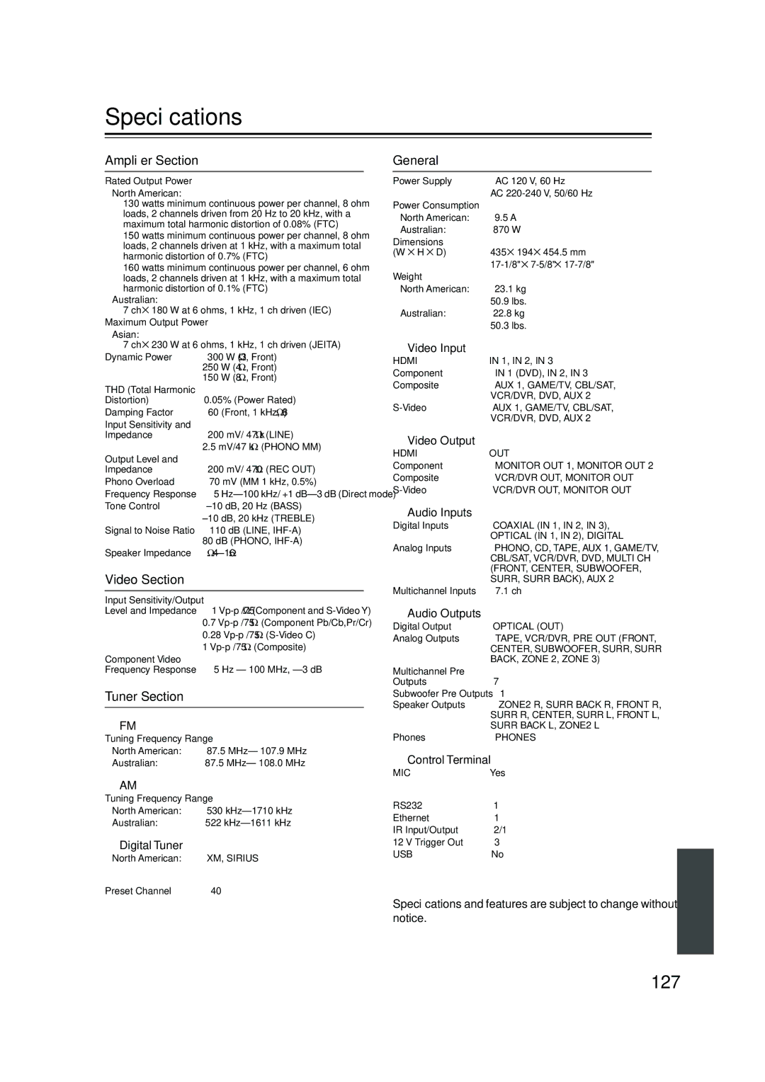 Integra DTR-7.8 instruction manual Speciﬁcations, 127 