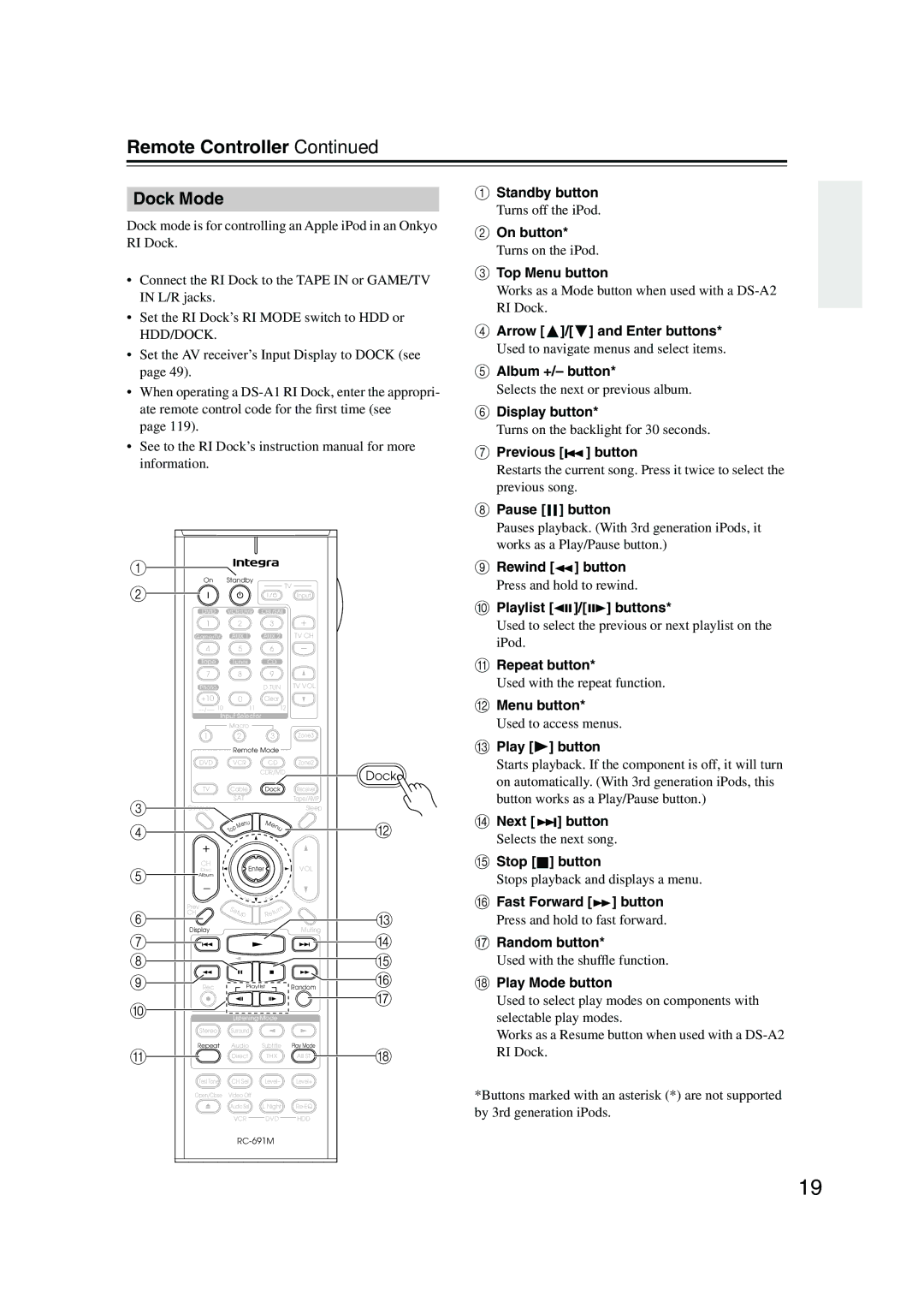 Integra DTR-7.8 instruction manual Dock Mode, Arrow / and Enter buttons, Album +/- button, Previous button, Pause button 