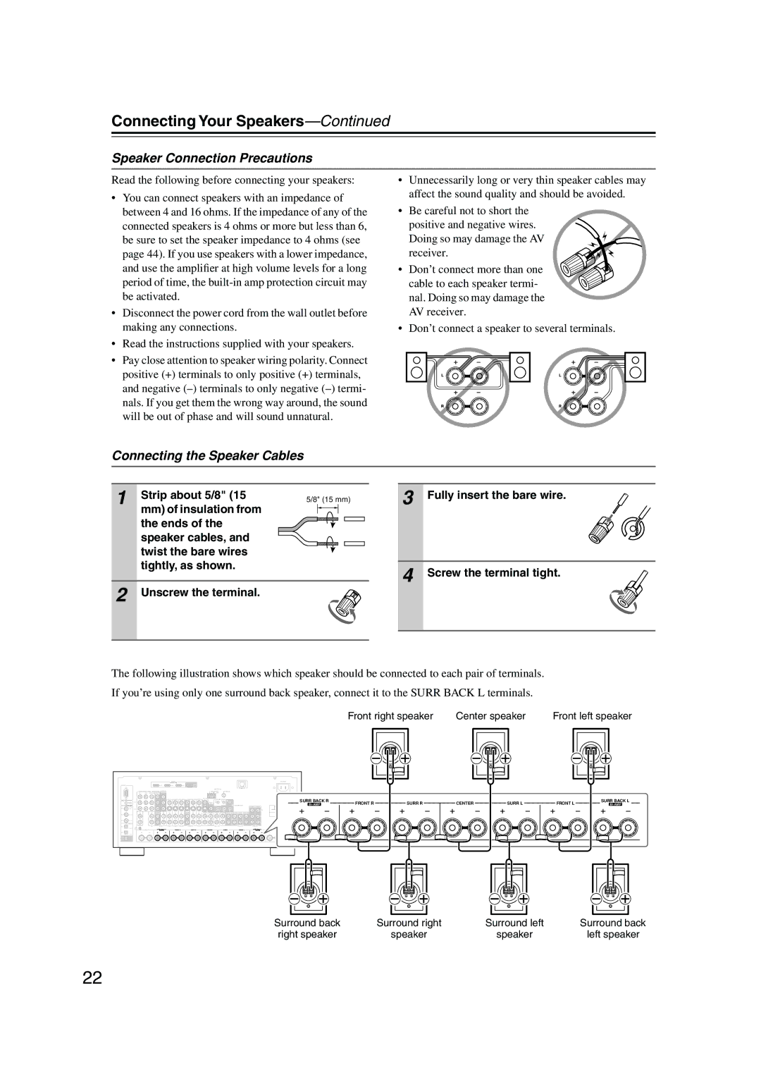 Integra DTR-7.8 Speaker Connection Precautions, Connecting the Speaker Cables, Strip about 5/8, Fully insert the bare wire 