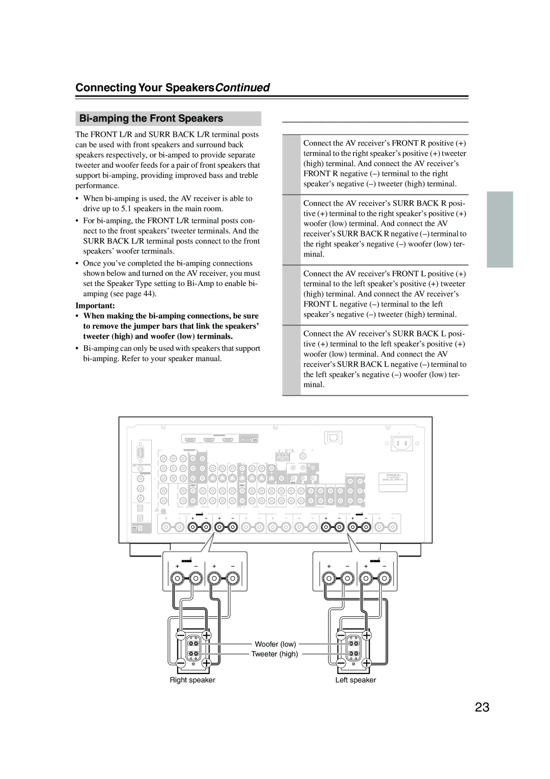 Integra DTR-7.8 instruction manual Bi-amping the Front Speakers, Bi-amping Speaker Hookup 