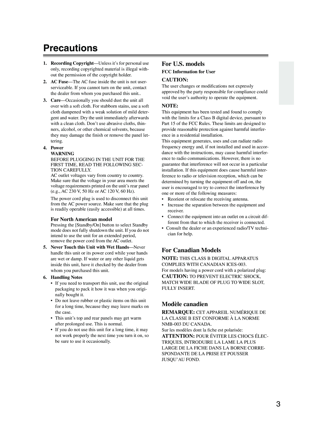 Integra DTR-7.8 Precautions, Power, FCC Information for User, For models having a power cord with a polarized plug 