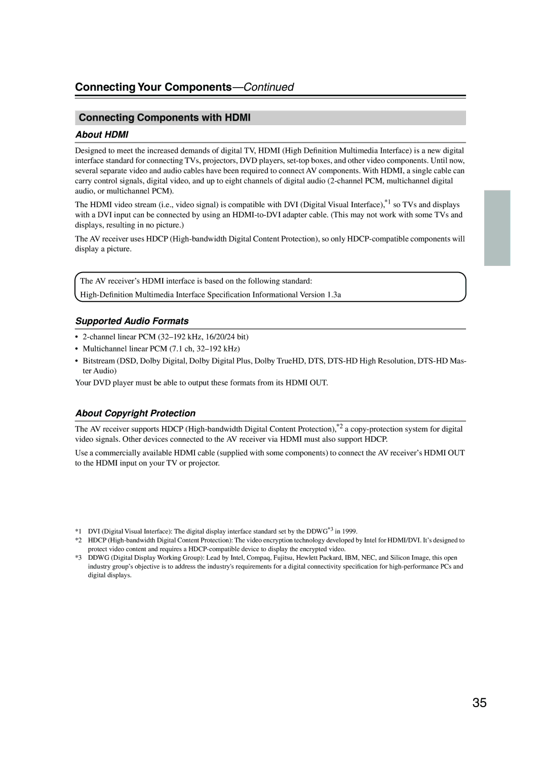 Integra DTR-7.8 Connecting Components with Hdmi, About Hdmi, Supported Audio Formats, About Copyright Protection 