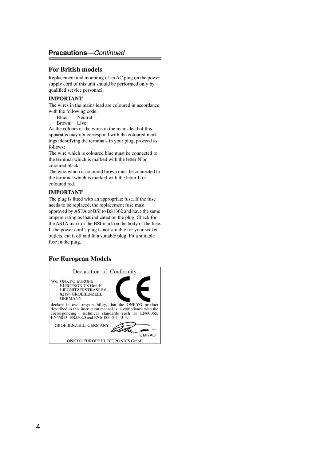 Integra DTR-7.8 instruction manual Precautions, For British models 