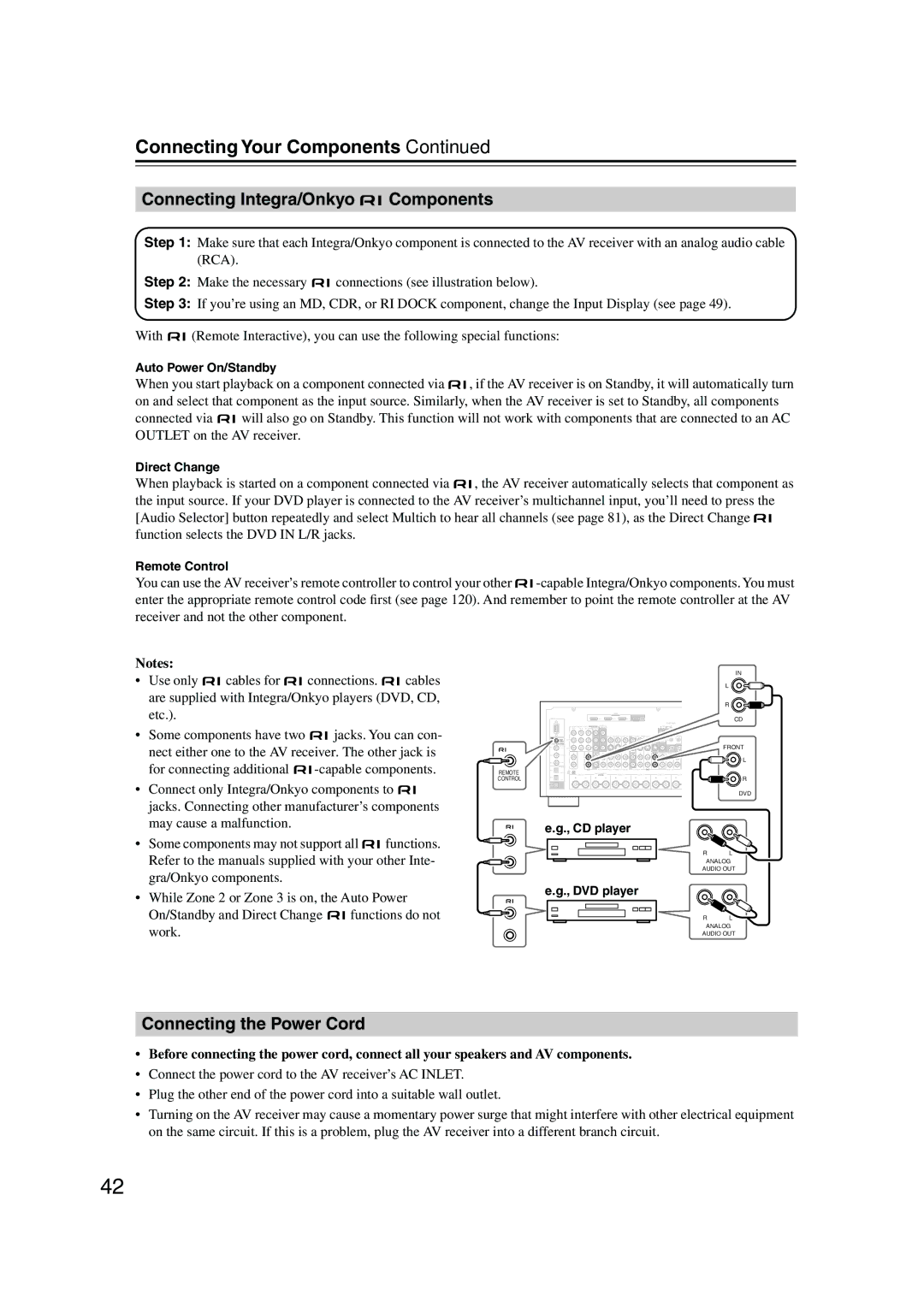 Integra DTR-7.8 Connecting Integra/Onkyo Components, Connecting the Power Cord, Auto Power On/Standby, Direct Change 