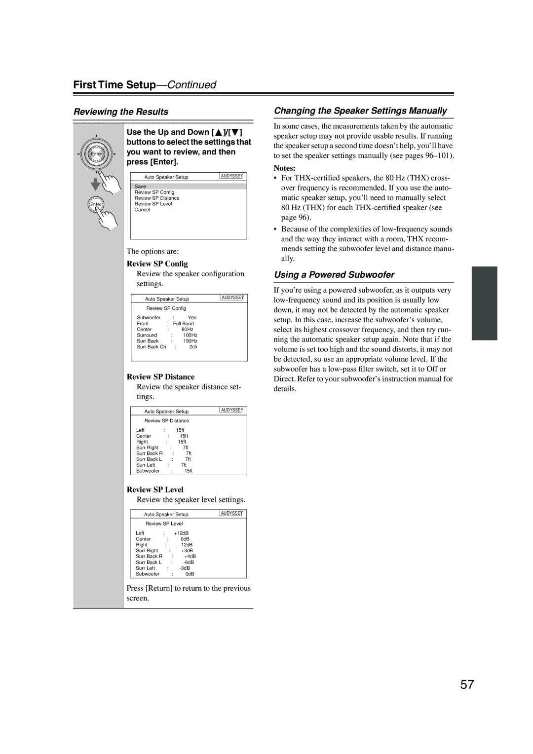 Integra DTR-7.8 instruction manual Reviewing the Results, Changing the Speaker Settings Manually, Using a Powered Subwoofer 