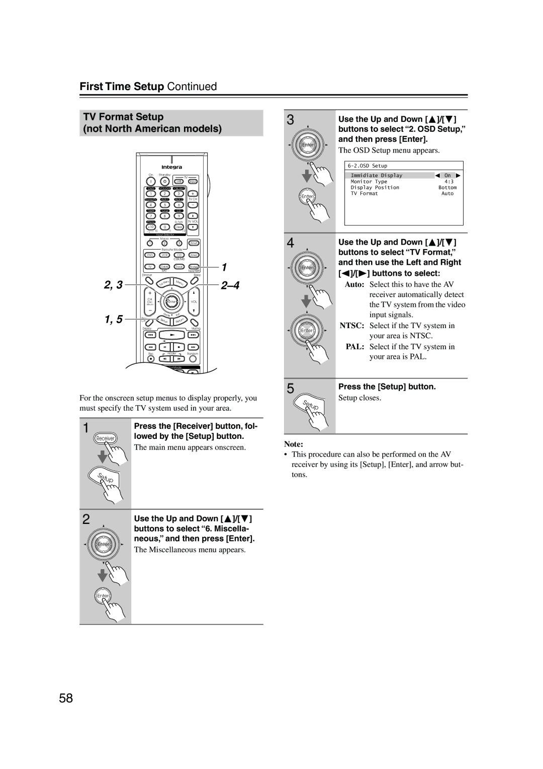 Integra DTR-7.8 TV Format Setup Not North American models, Buttons to select 6. Miscella, Neous, and then press Enter 