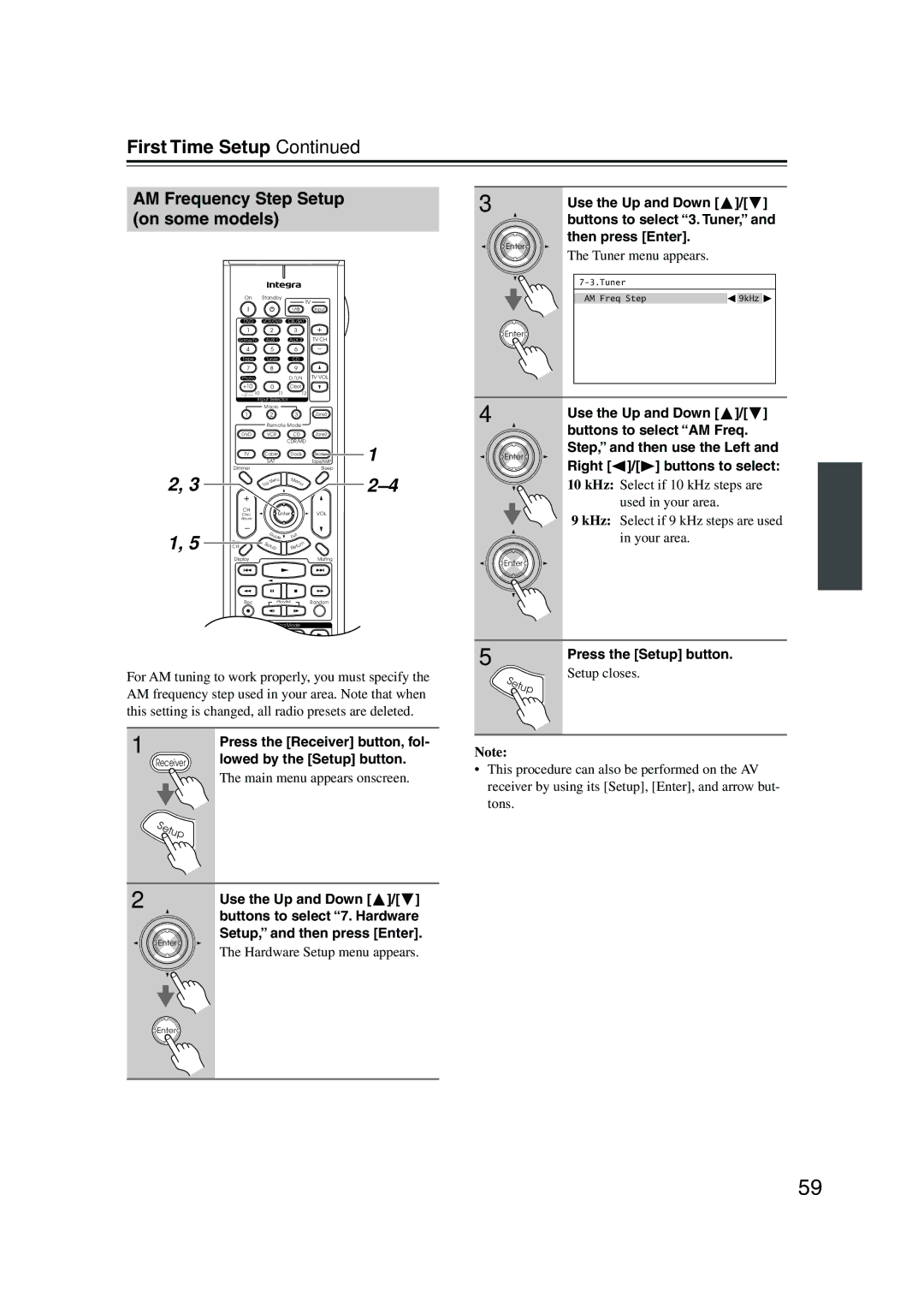 Integra DTR-7.8 AM Frequency Step Setup on some models, Buttons to select 7. Hardware, Hardware Setup menu appears 