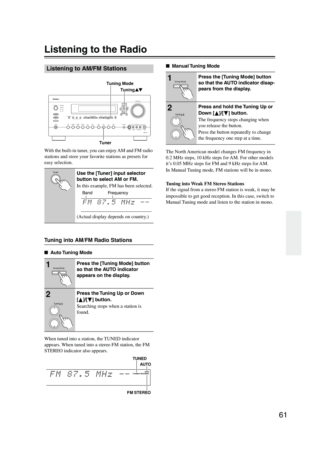 Integra DTR-7.8 instruction manual Listening to the Radio, Listening to AM/FM Stations, Tuning into AM/FM Radio Stations 