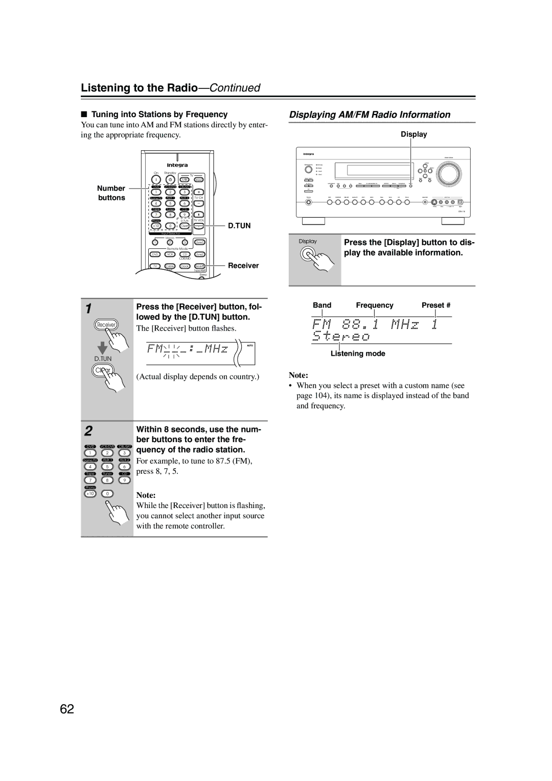 Integra DTR-7.8 Listening to the Radio, Displaying AM/FM Radio Information, Tuning into Stations by Frequency 