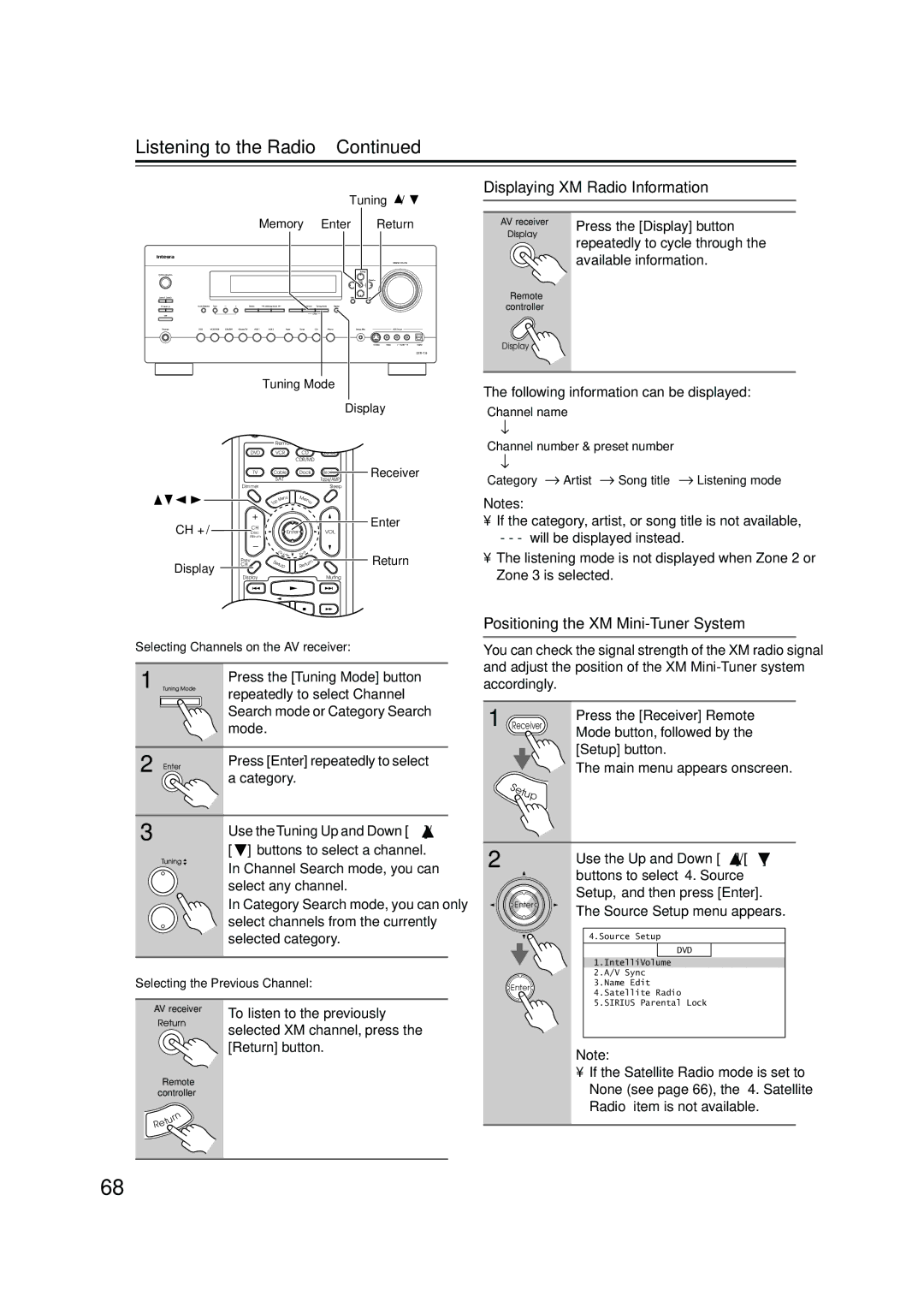 Integra DTR-7.8 instruction manual Displaying XM Radio Information, Positioning the XM Mini-Tuner System 