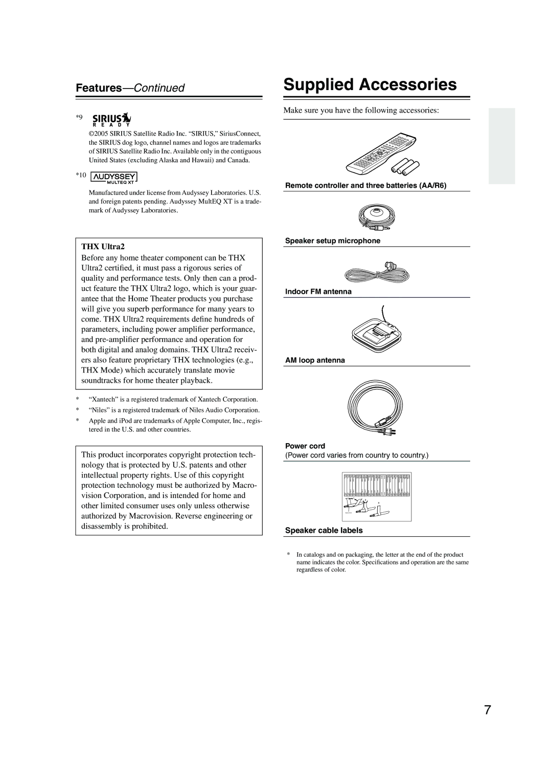 Integra DTR-7.8 Supplied Accessories, THX Ultra2, Make sure you have the following accessories, Speaker cable labels 