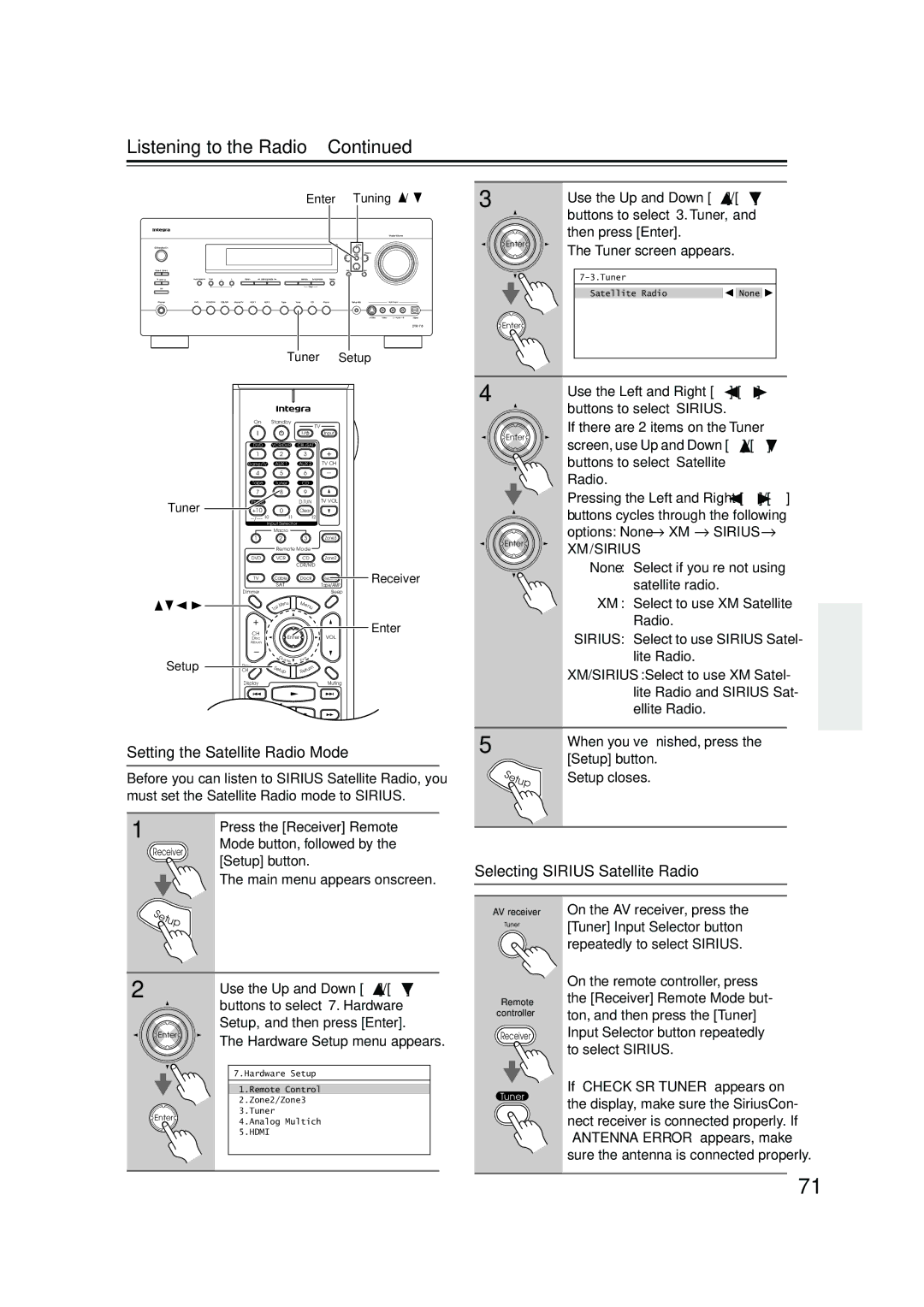 Integra DTR-7.8 instruction manual Selecting Sirius Satellite Radio 