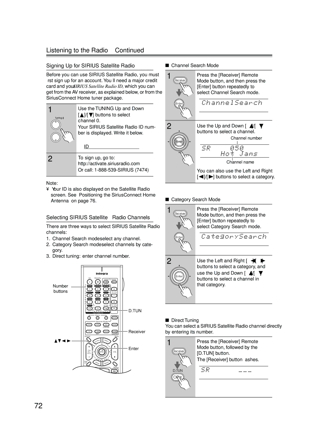 Integra DTR-7.8 instruction manual Signing Up for Sirius Satellite Radio, Selecting Sirius Satellite Radio Channels 