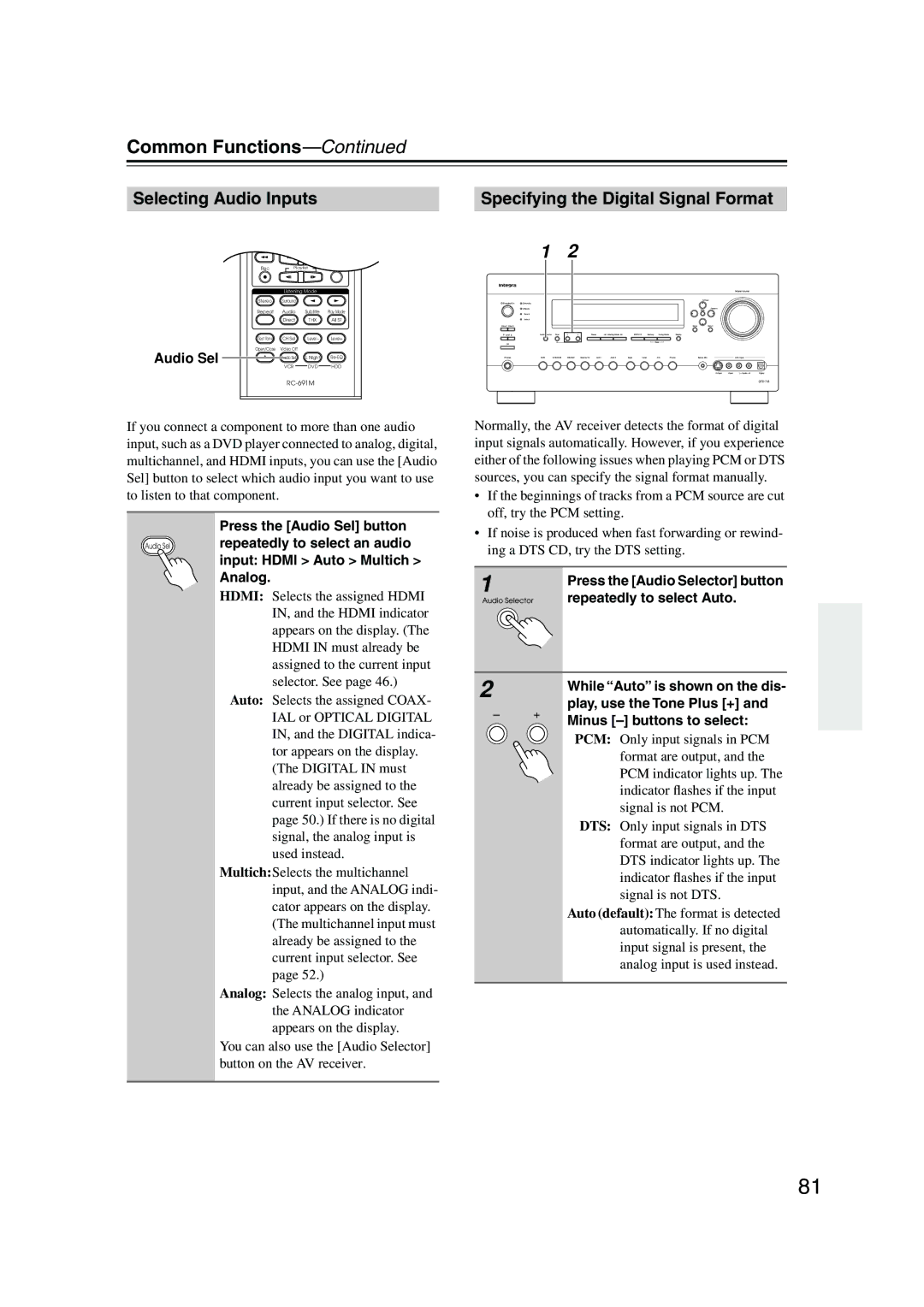 Integra DTR-7.8 instruction manual Selecting Audio Inputs Specifying the Digital Signal Format 