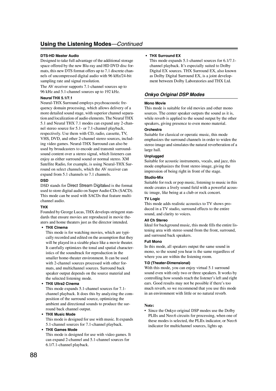 Integra DTR-7.8 instruction manual Onkyo Original DSP Modes 