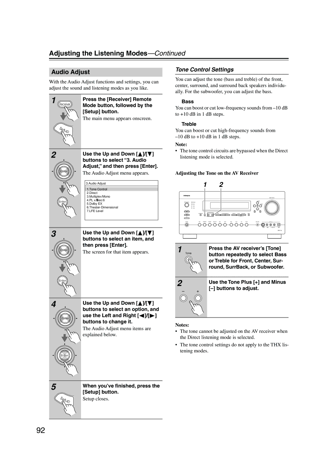 Integra DTR-7.8 instruction manual Adjusting the Listening Modes, Audio Adjust, Tone Control Settings 