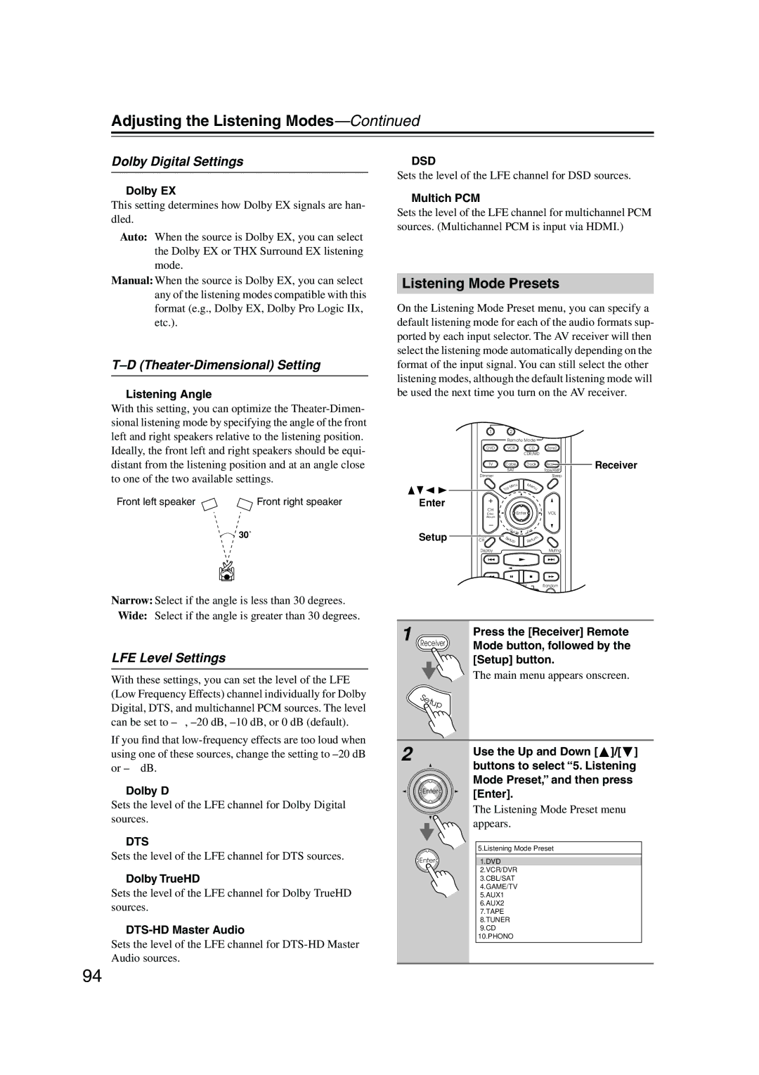 Integra DTR-7.8 Listening Mode Presets, Dolby Digital Settings, Theater-Dimensional Setting, LFE Level Settings 