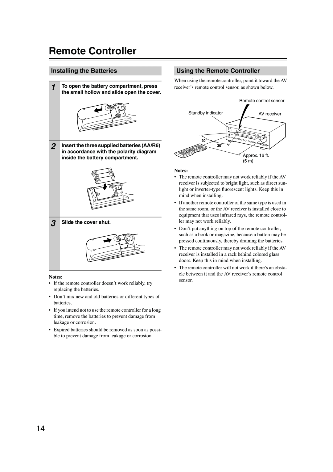 Integra DTR-7.8 instruction manual Installing the Batteries, Using the Remote Controller, Notes 