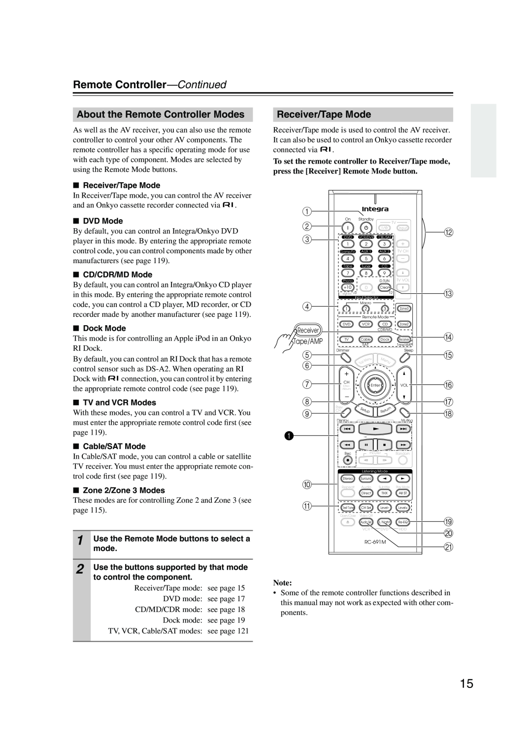 Integra DTR-7.8 instruction manual Remote Controller—Continued, About the Remote Controller Modes, Receiver/Tape Mode 