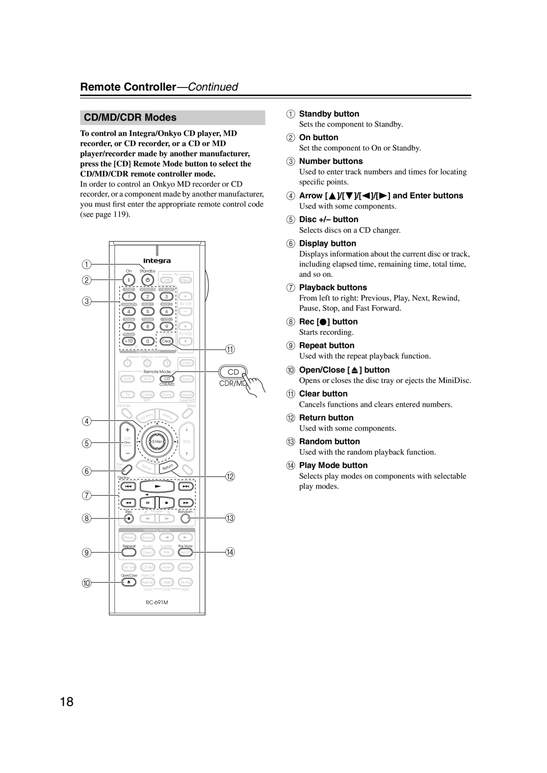 Integra DTR-7.8 instruction manual CD/MD/CDR Modes, Remote Controller—Continued 