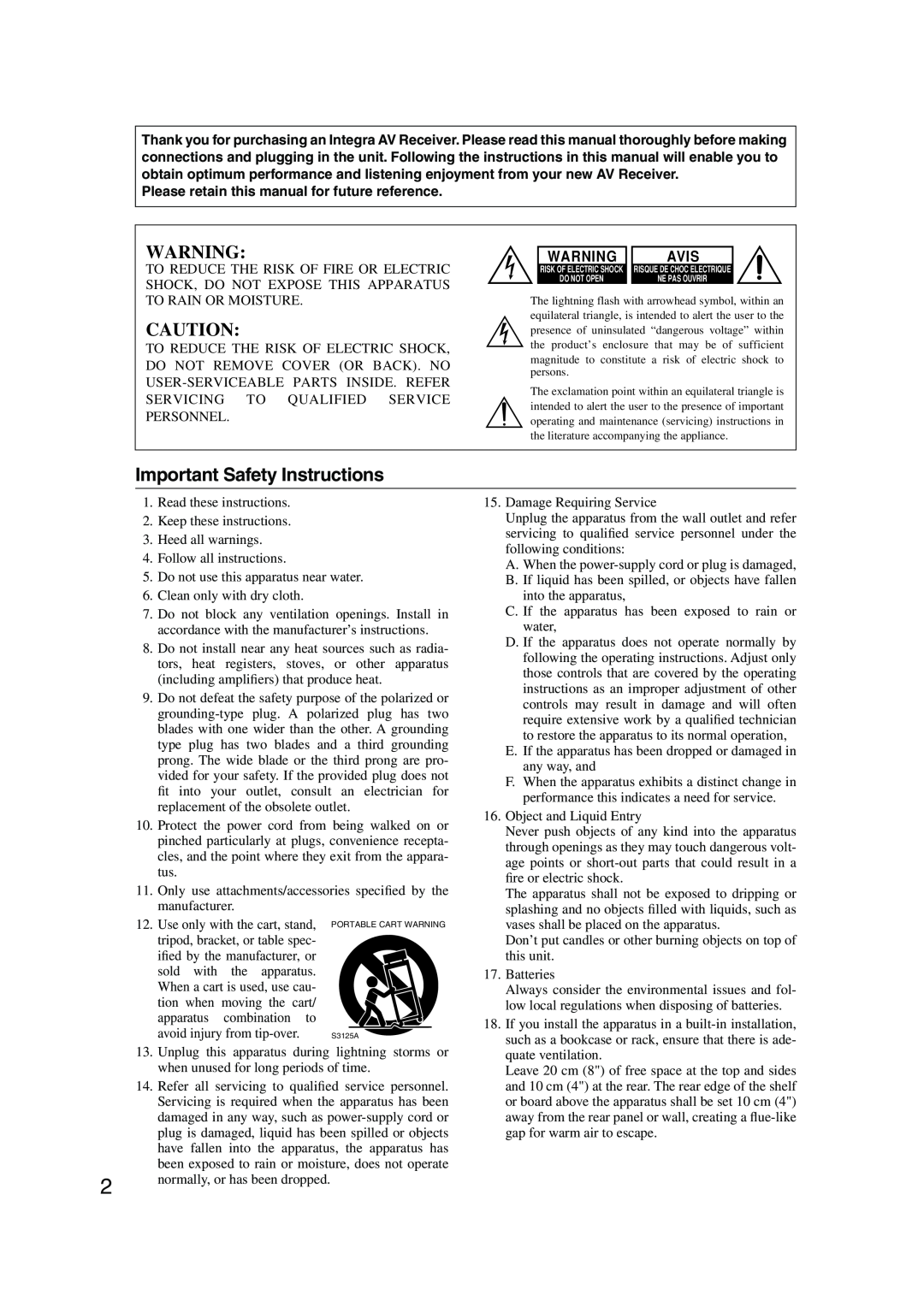 Integra DTR-7.8 instruction manual Important Safety Instructions, Avis 