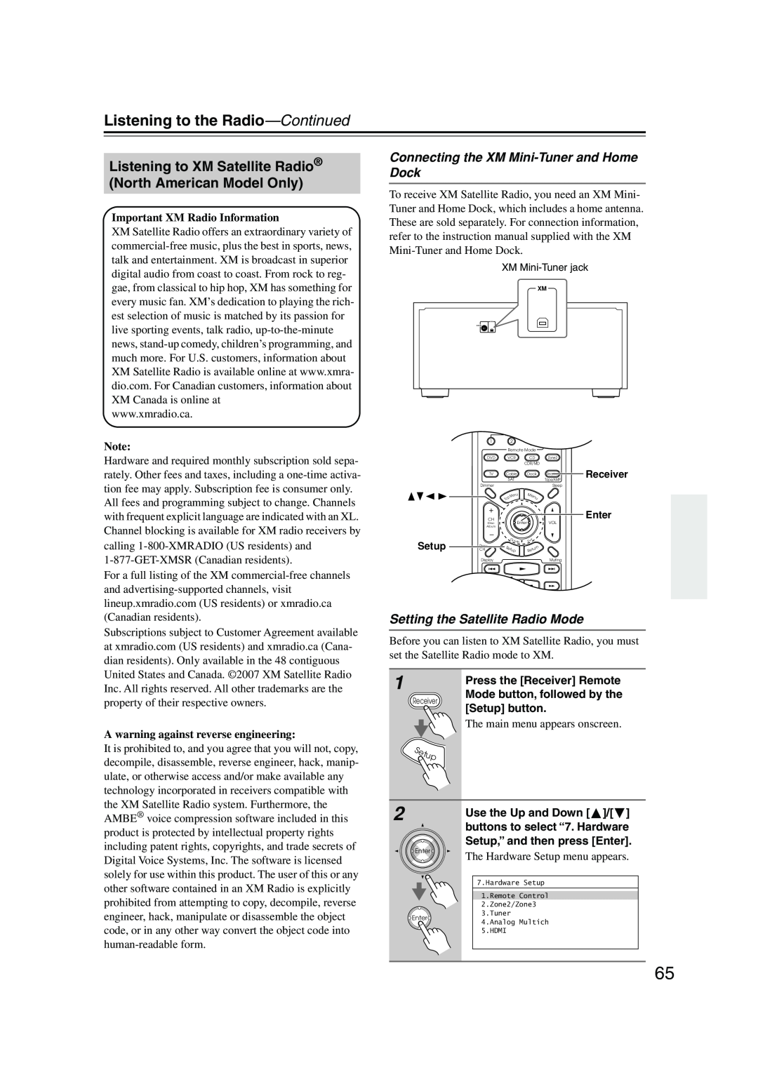 Integra DTR-7.8 instruction manual Connecting the XM Mini-Tunerand Home Dock, Setting the Satellite Radio Mode 