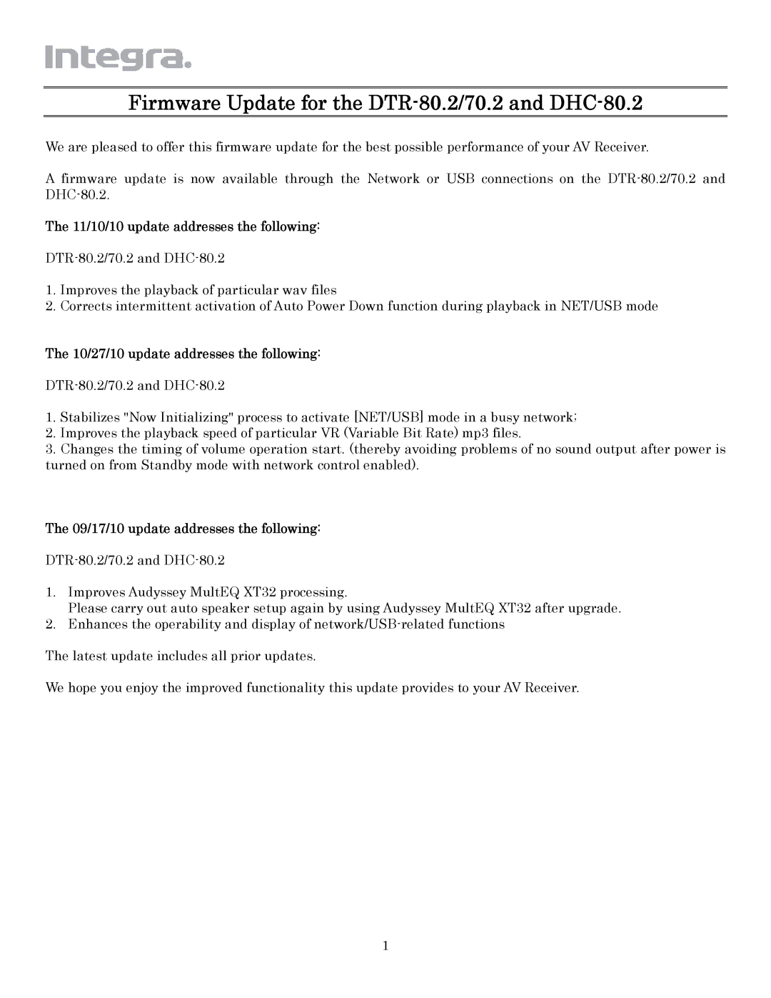 Integra manual Firmware Update for the DTR-80.2/70.2 and DHC-80.2 