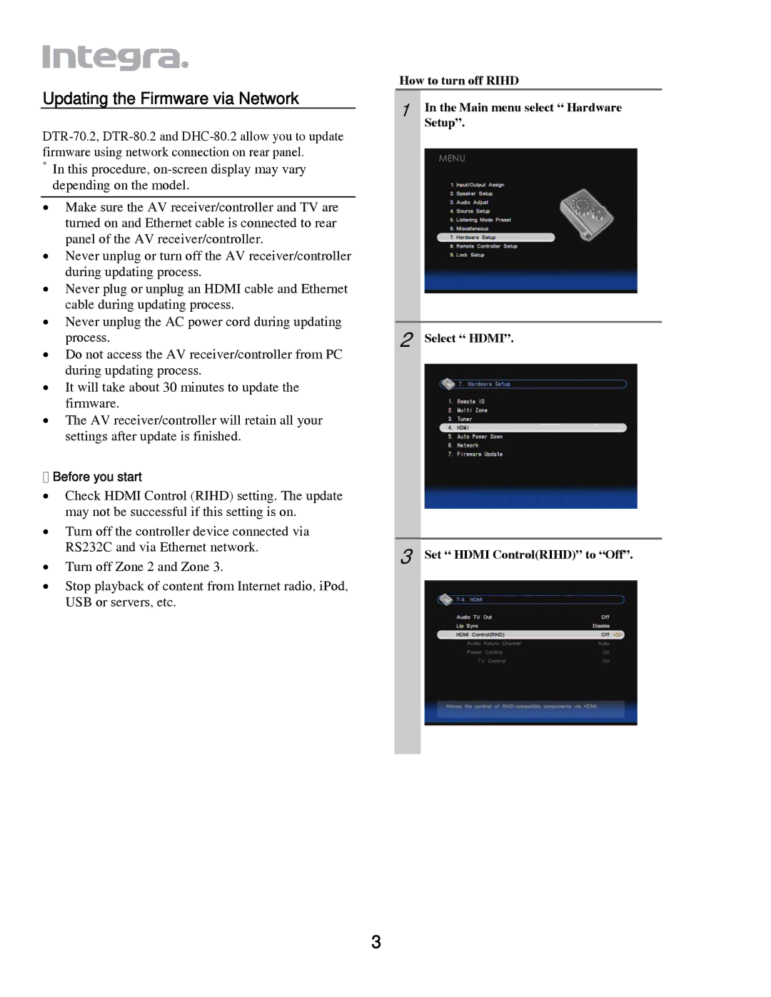 Integra DHC-80.2 manual How to turn off Rihd, Main menu select Hardware, Setup, Select Hdmi, Set Hdmi ControlRIHD to Off 