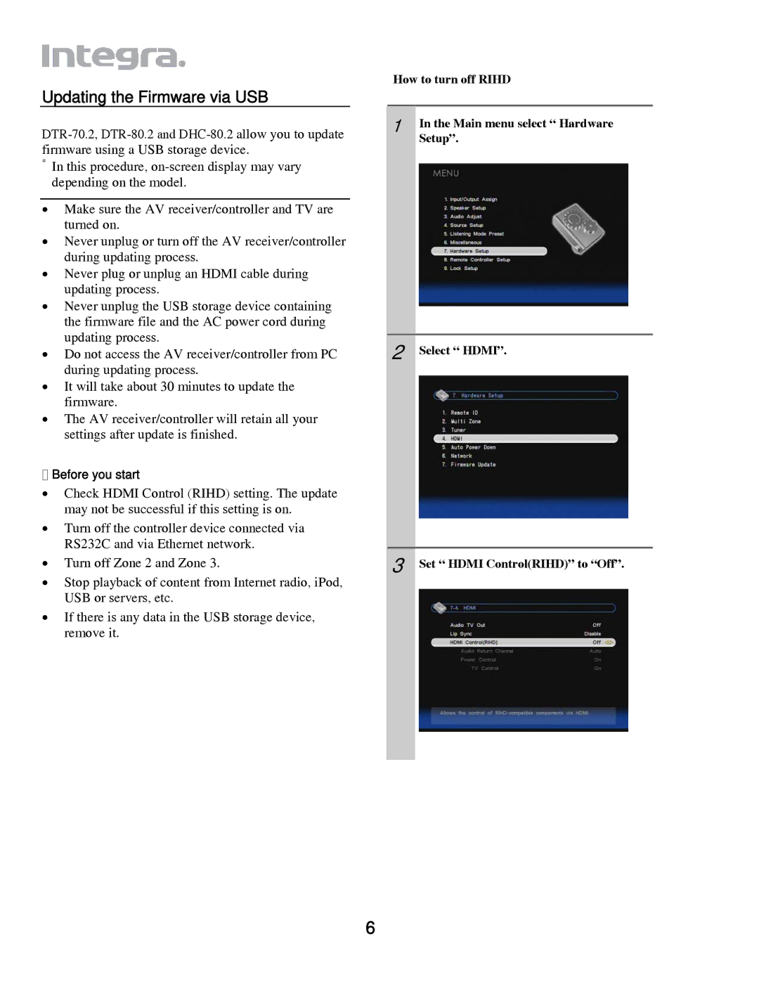 Integra DTR-80.2/70.2, DHC-80.2 manual Updating the Firmware via USB 