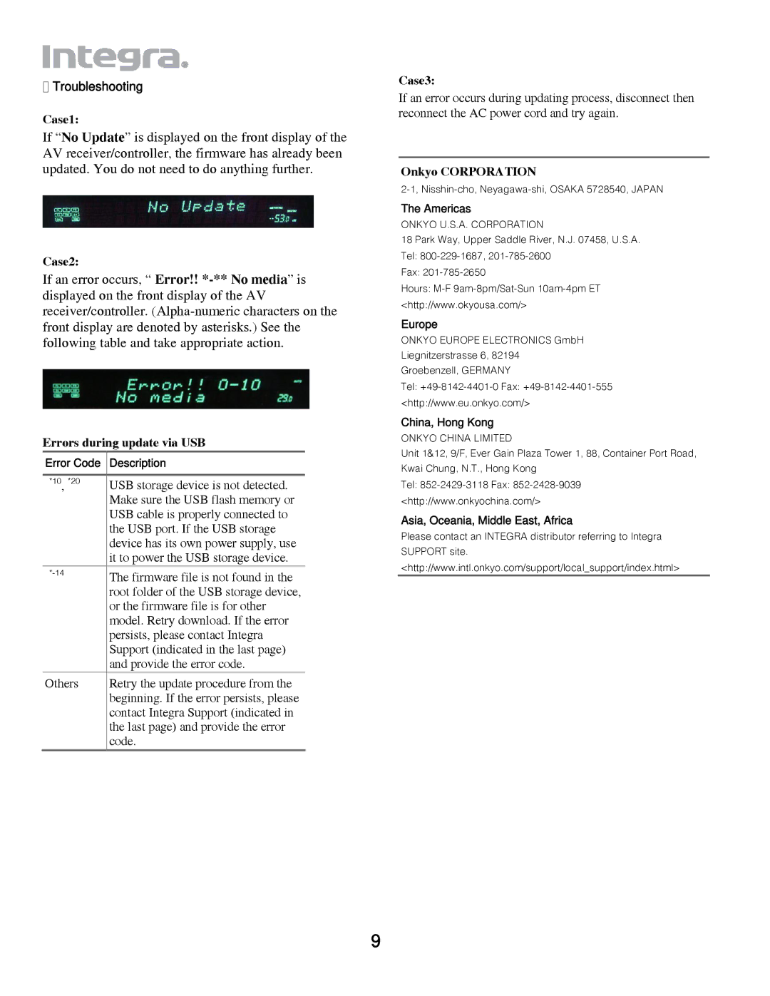 Integra DHC-80.2, DTR-80.2/70.2 manual Errors during update via USB, Onkyo Corporation 