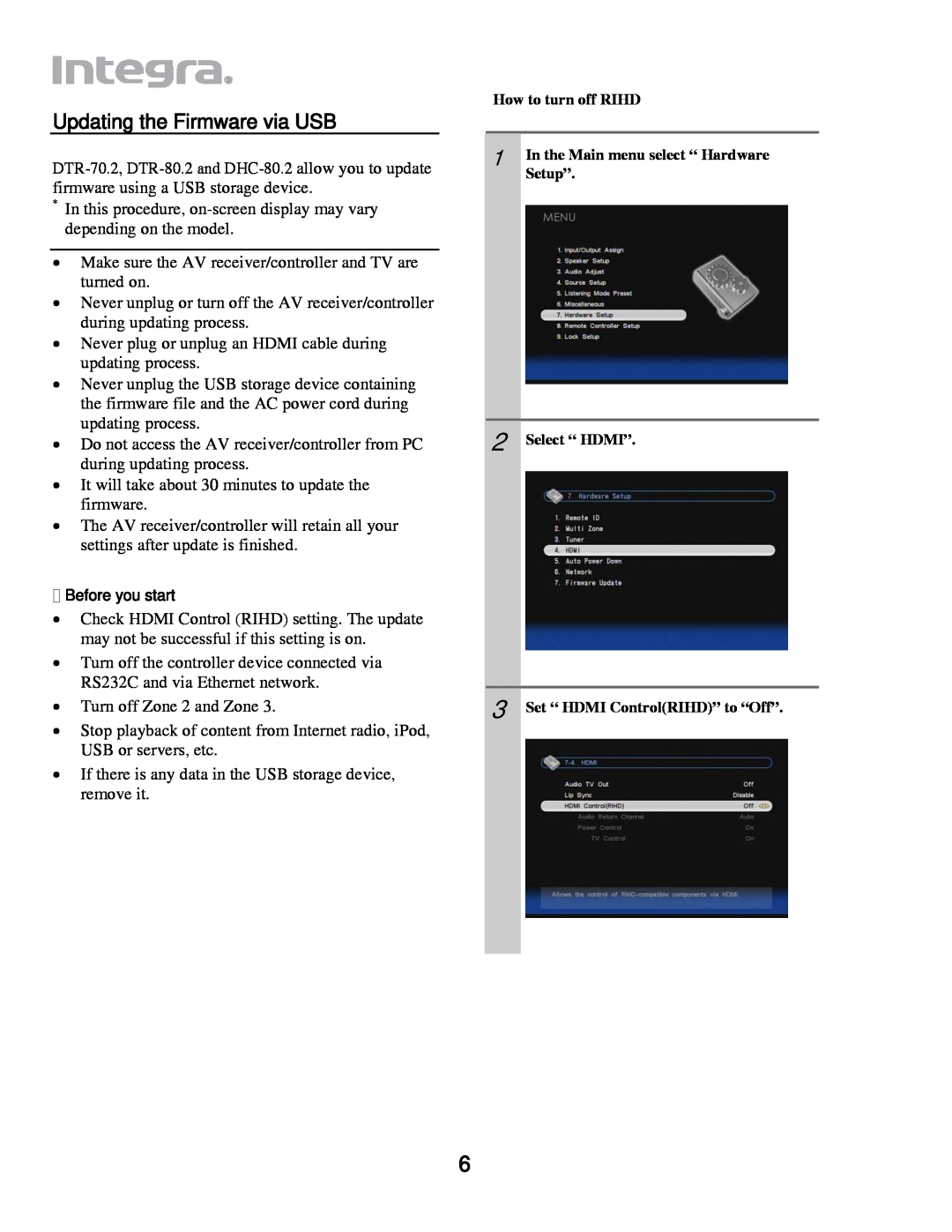 Integra DTR-80.2/70.2, DHC-80.2 manual Updating the Firmware via USB 