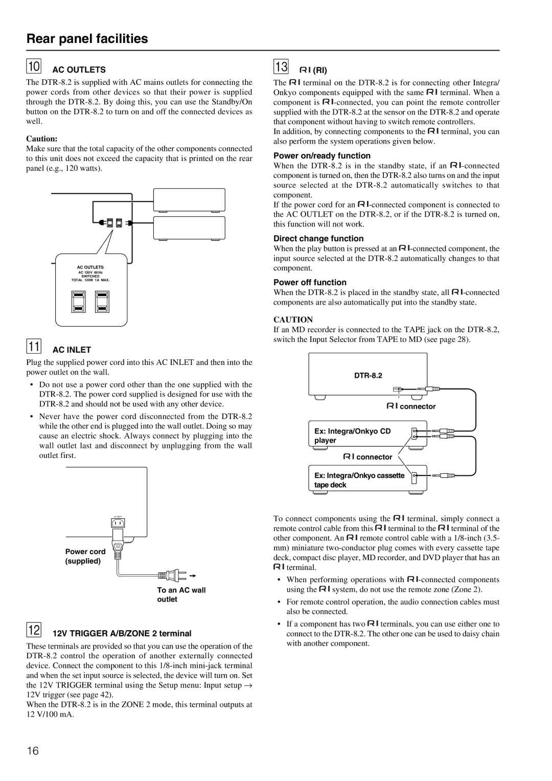 Integra DTR-8.2 12V Trigger A/B/ZONE 2 terminal, Power on/ready function, Direct change function, Power off function 