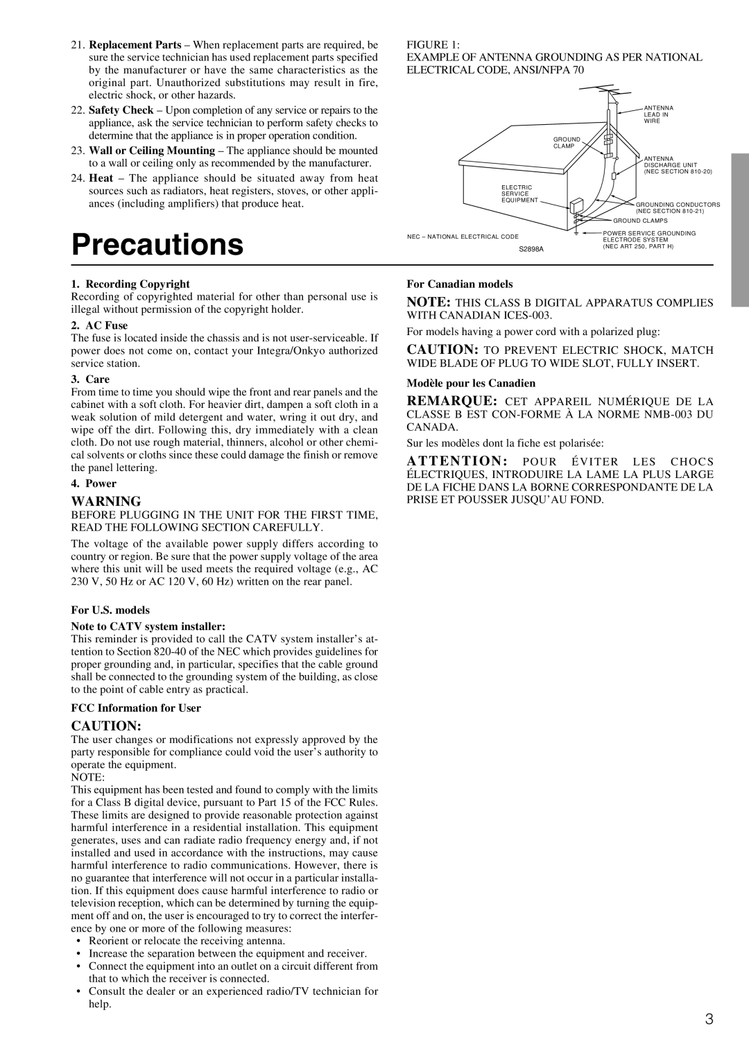 Integra DTR-8.2 instruction manual Precautions 