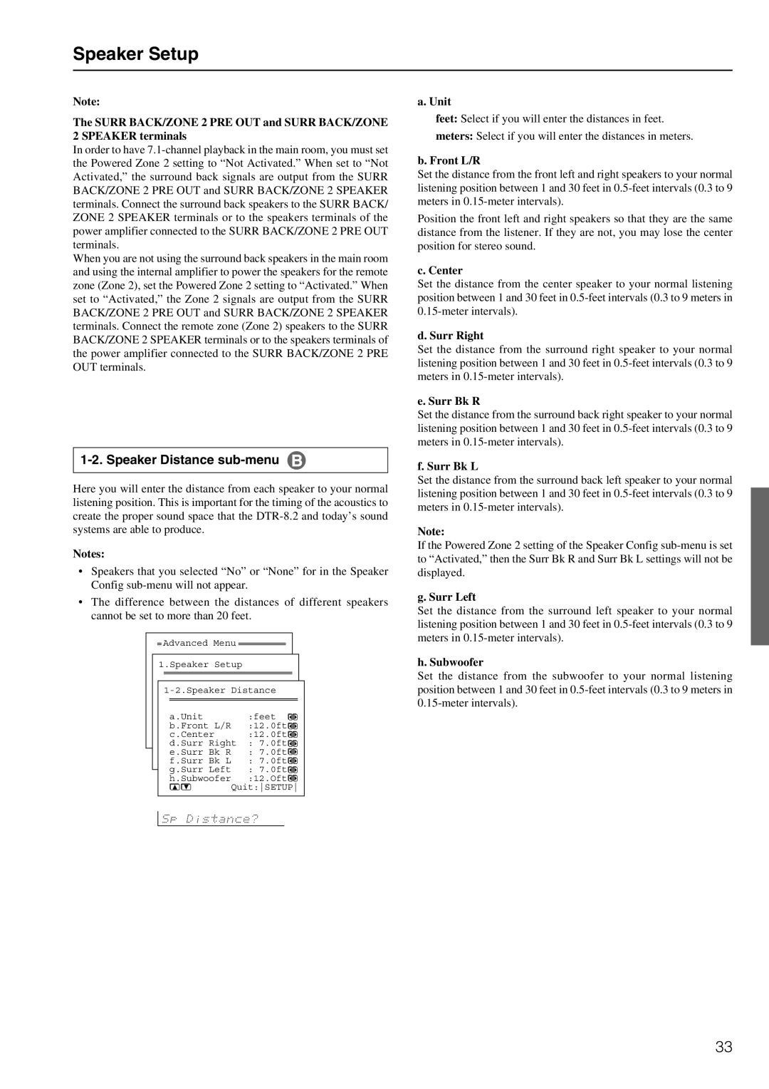 Integra DTR-8.2 instruction manual Speaker Setup, Speaker Distance sub-menu 