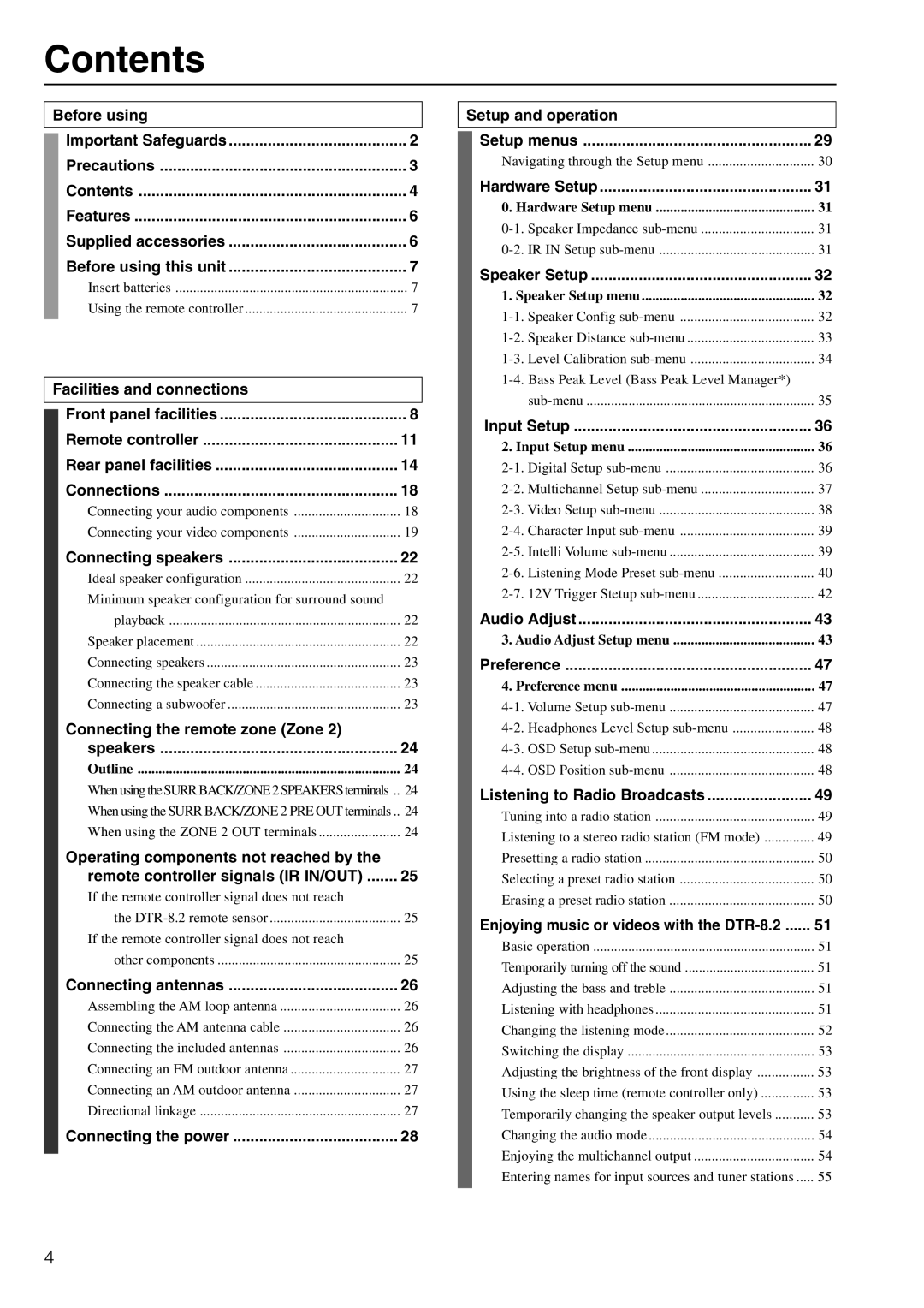 Integra DTR-8.2 instruction manual Contents 