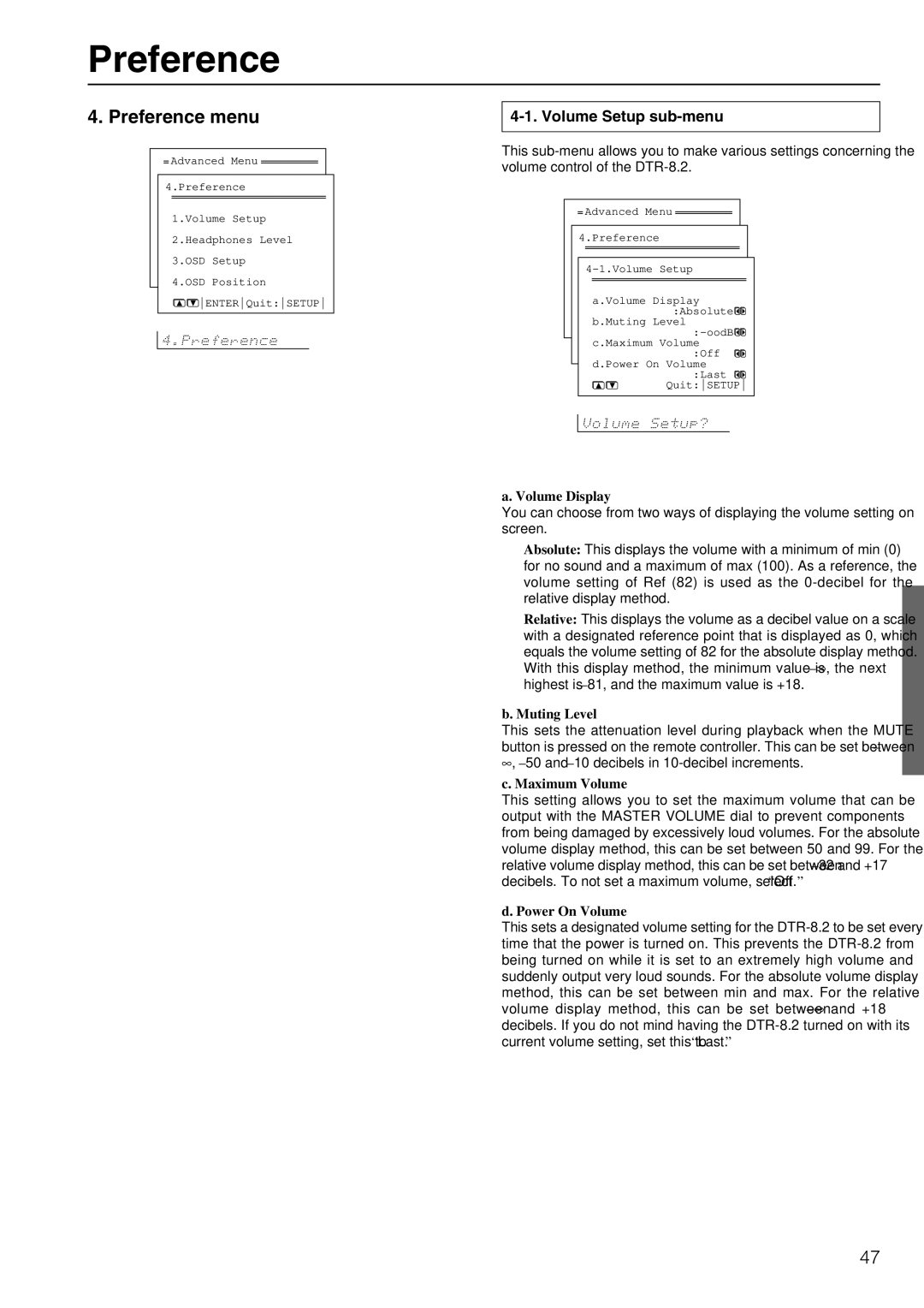 Integra DTR-8.2 instruction manual Preference menu, Volume Setup sub-menu 