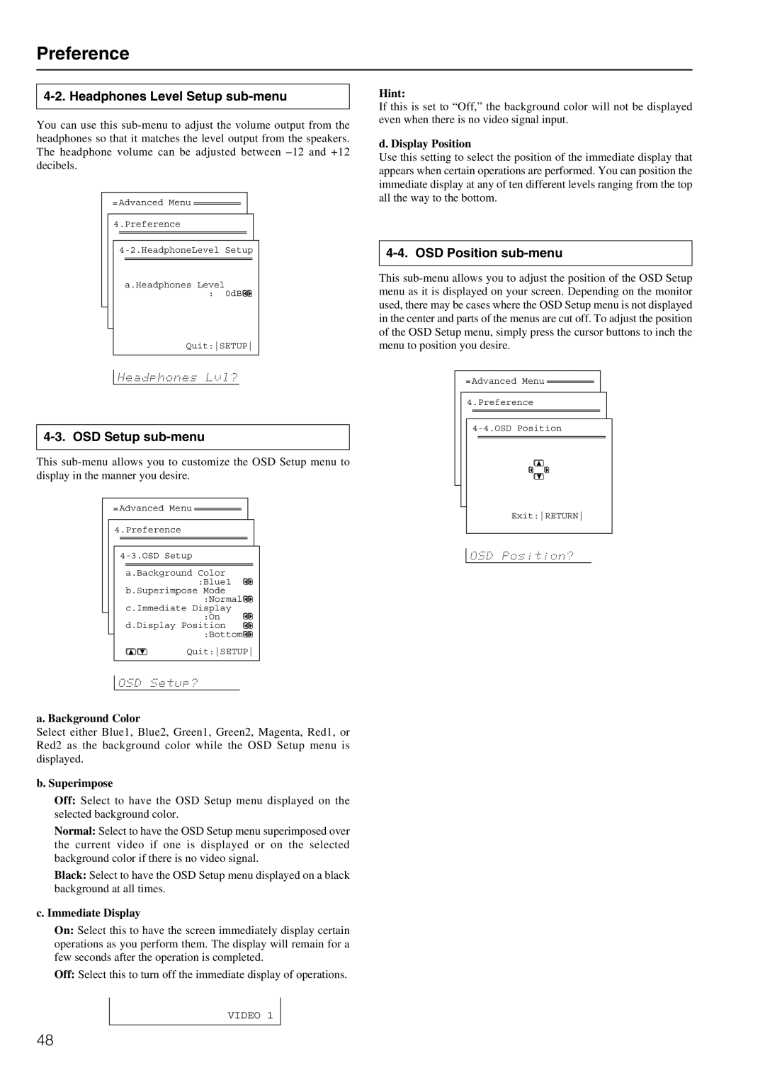 Integra DTR-8.2 instruction manual Preference, Headphones Level Setup sub-menu, OSD Setup sub-menu, OSD Position sub-menu 